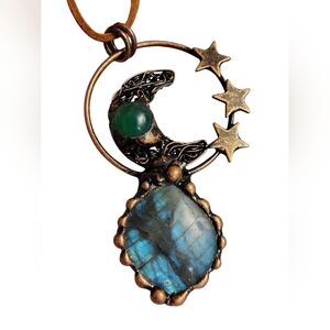 Moon and Stars Labradorite and Green Agate Pendant Necklace